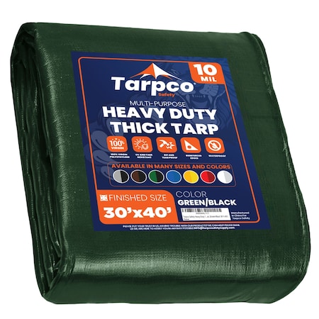 Tarpco Safety Heavy Duty Tarp, 40 ft L x 0.5 mm H x 30 ft W, 10 Mil, Green/Black, Polyethylene TS-153-30X40